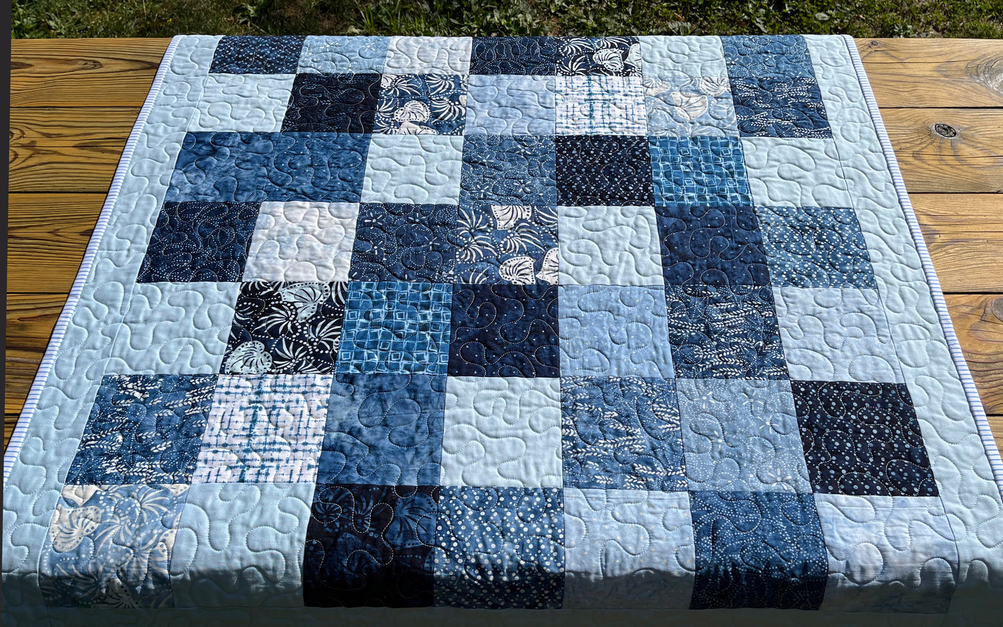 Handmade Baby Boy Quilt, Baby Blanket, Japanese Kasuri Print, Quilted Baby Mat, Baby Bath Mat (36x36) Ready to Ship!