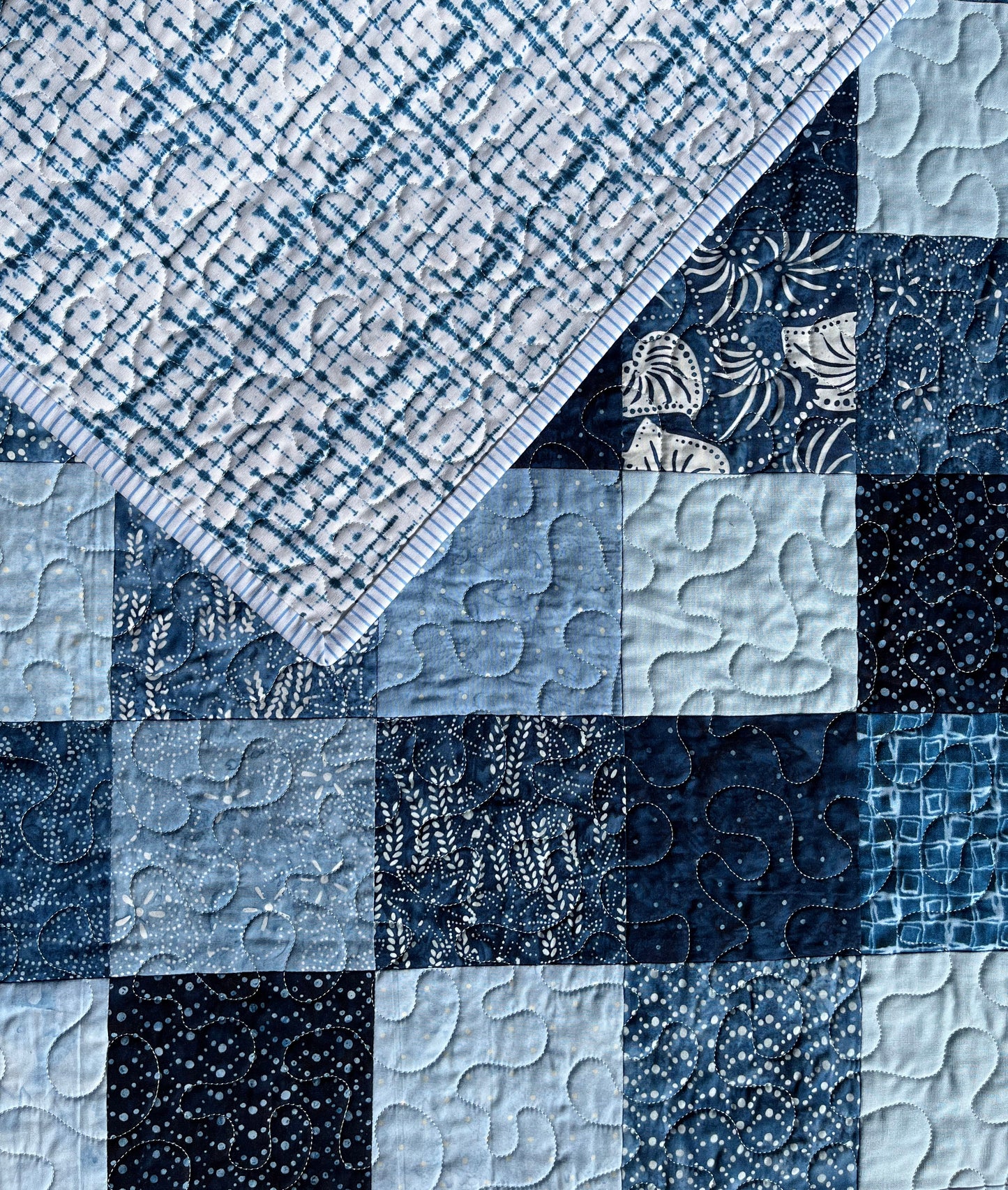 Handmade Baby Boy Quilt, Baby Blanket, Japanese Kasuri Print, Quilted Baby Mat, Baby Bath Mat (36x36) Ready to Ship!