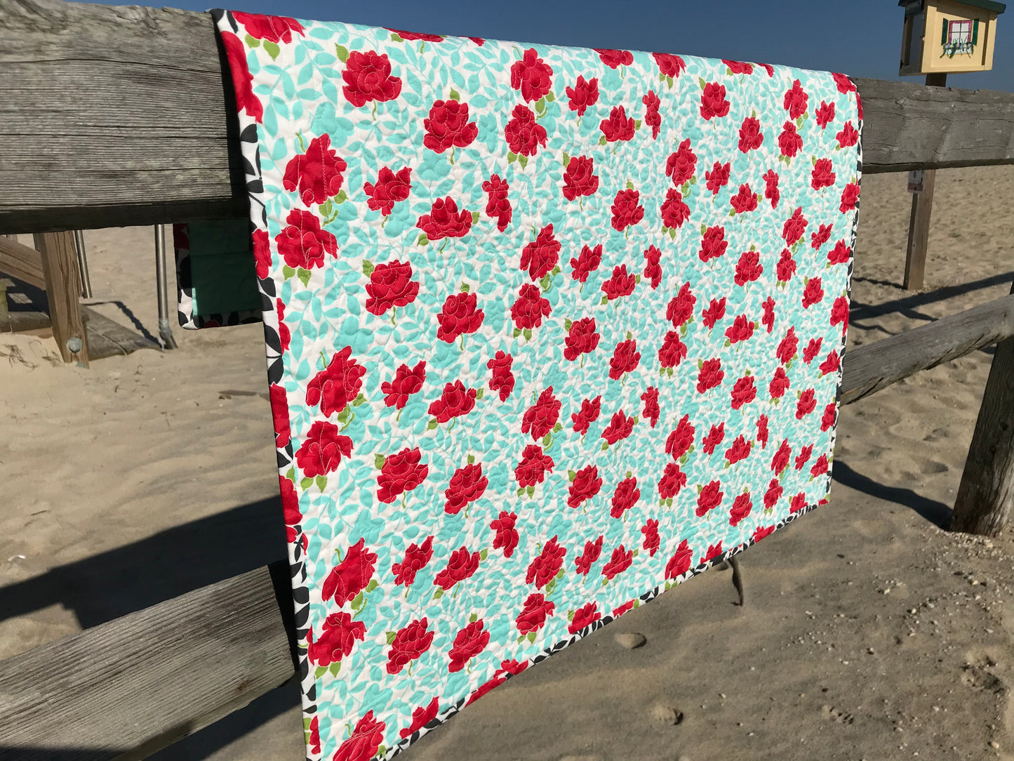 Handmade Baby Quilt / Adult Lap Quilt -  One of a Kind, Custom Quilted - Aqua, Grey, Red, White (34.5x34.5) Ready to Ship!