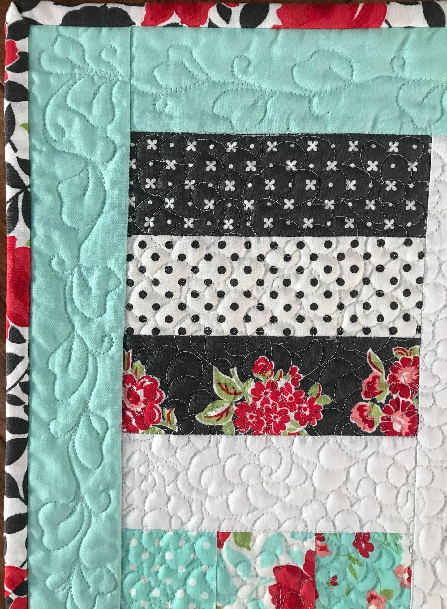 Handmade Baby Quilt / Adult Lap Quilt -  One of a Kind, Custom Quilted - Aqua, Grey, Red, White (34.5x34.5) Ready to Ship!