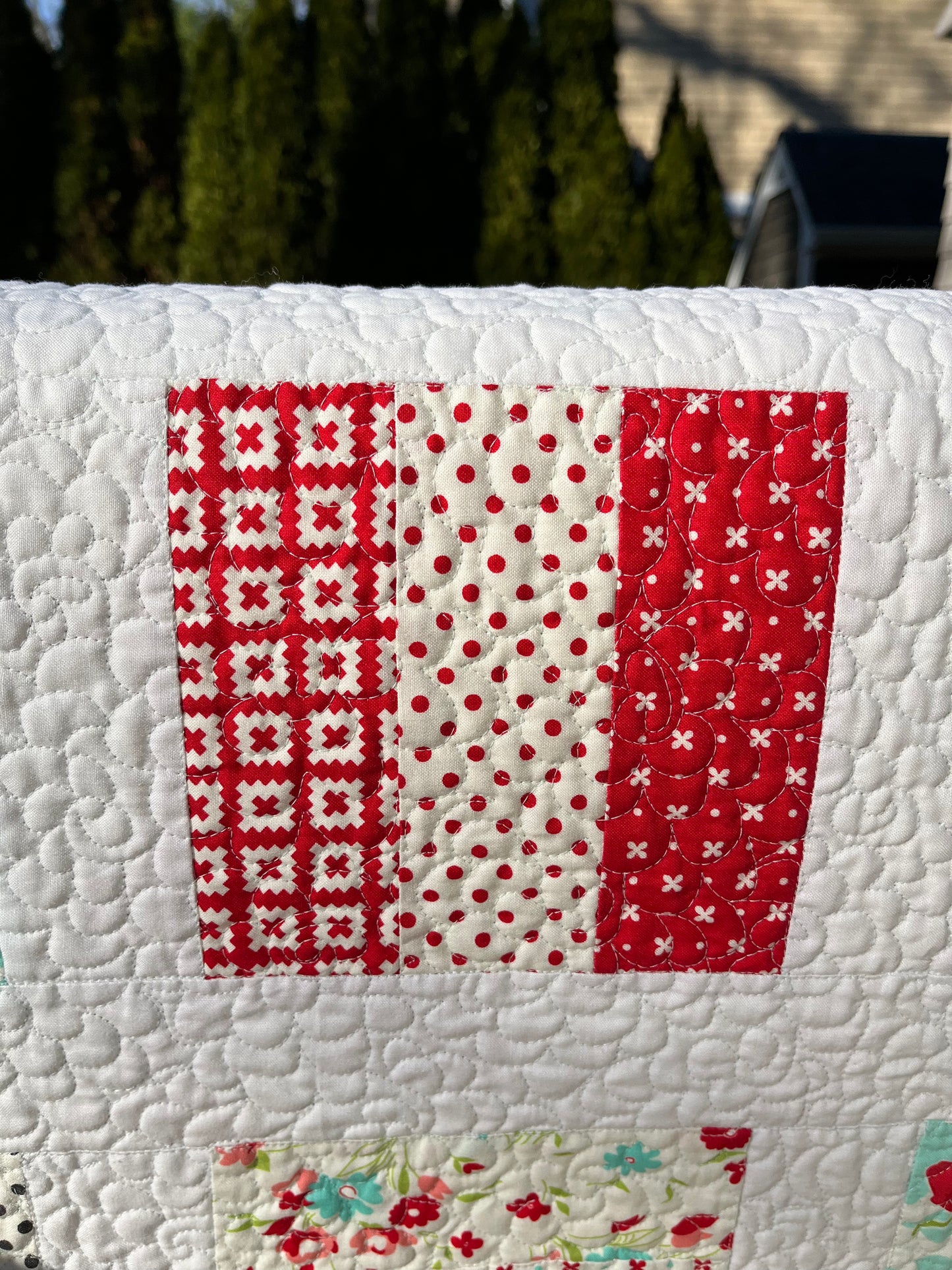 Handmade Baby Quilt / Adult Lap Quilt -  One of a Kind, Custom Quilted - Aqua, Grey, Red, White (34.5x34.5) Ready to Ship!