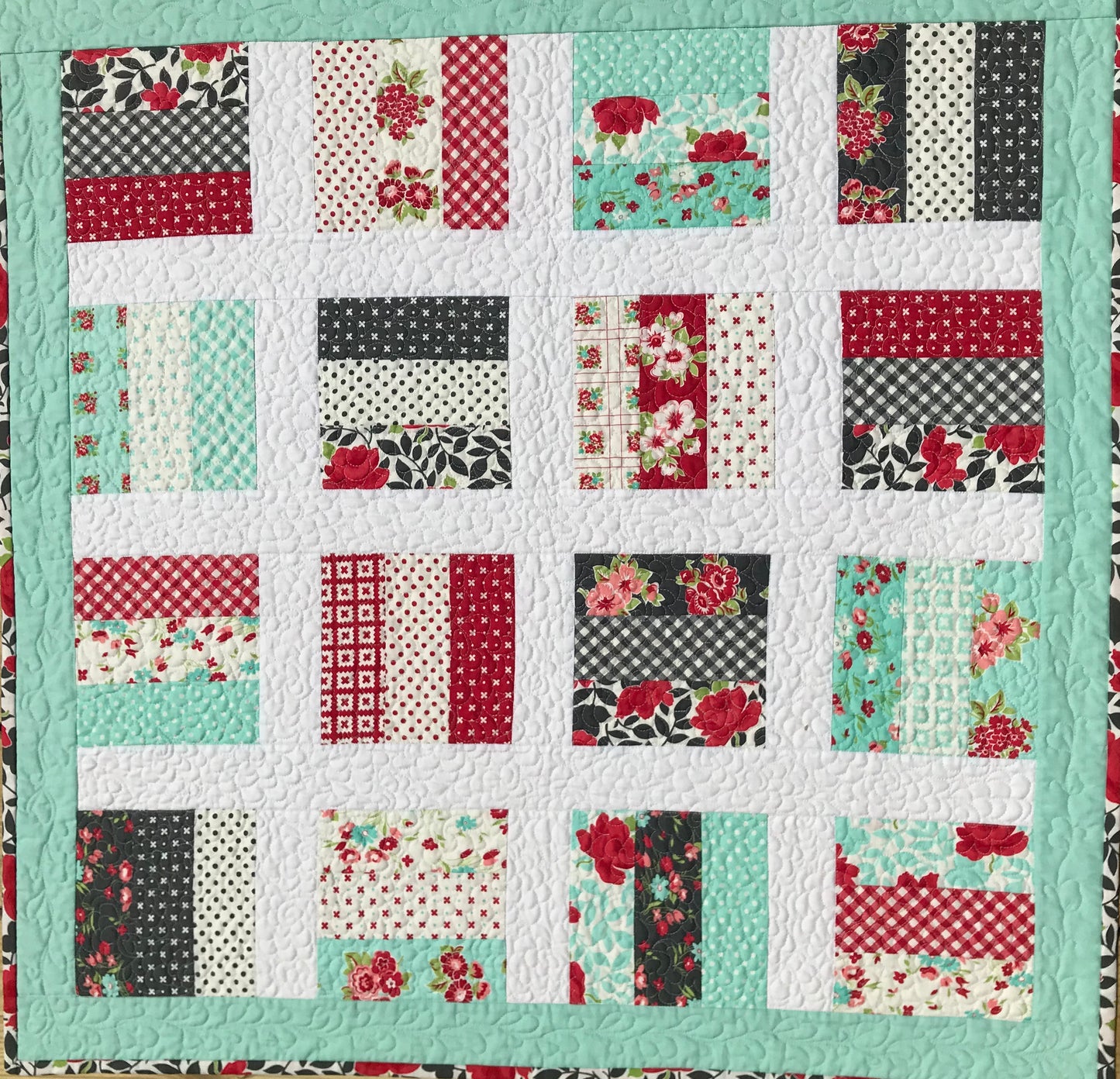 Handmade Baby Quilt / Adult Lap Quilt -  One of a Kind, Custom Quilted - Aqua, Grey, Red, White (34.5x34.5) Ready to Ship!