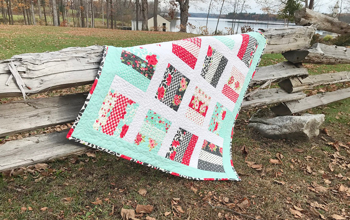 Handmade Baby Quilt / Adult Lap Quilt -  One of a Kind, Custom Quilted - Aqua, Grey, Red, White (34.5x34.5) Ready to Ship!