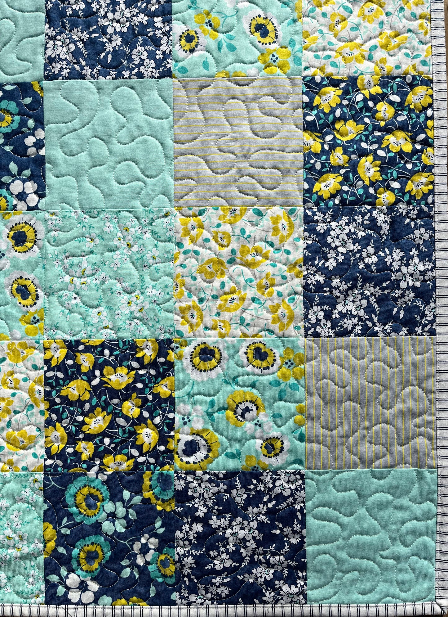 Springtime Handmade Baby Quilt, Patchwork Baby Blanket  (36"x45)  Navy and Aqua Florals - Ready to Ship!