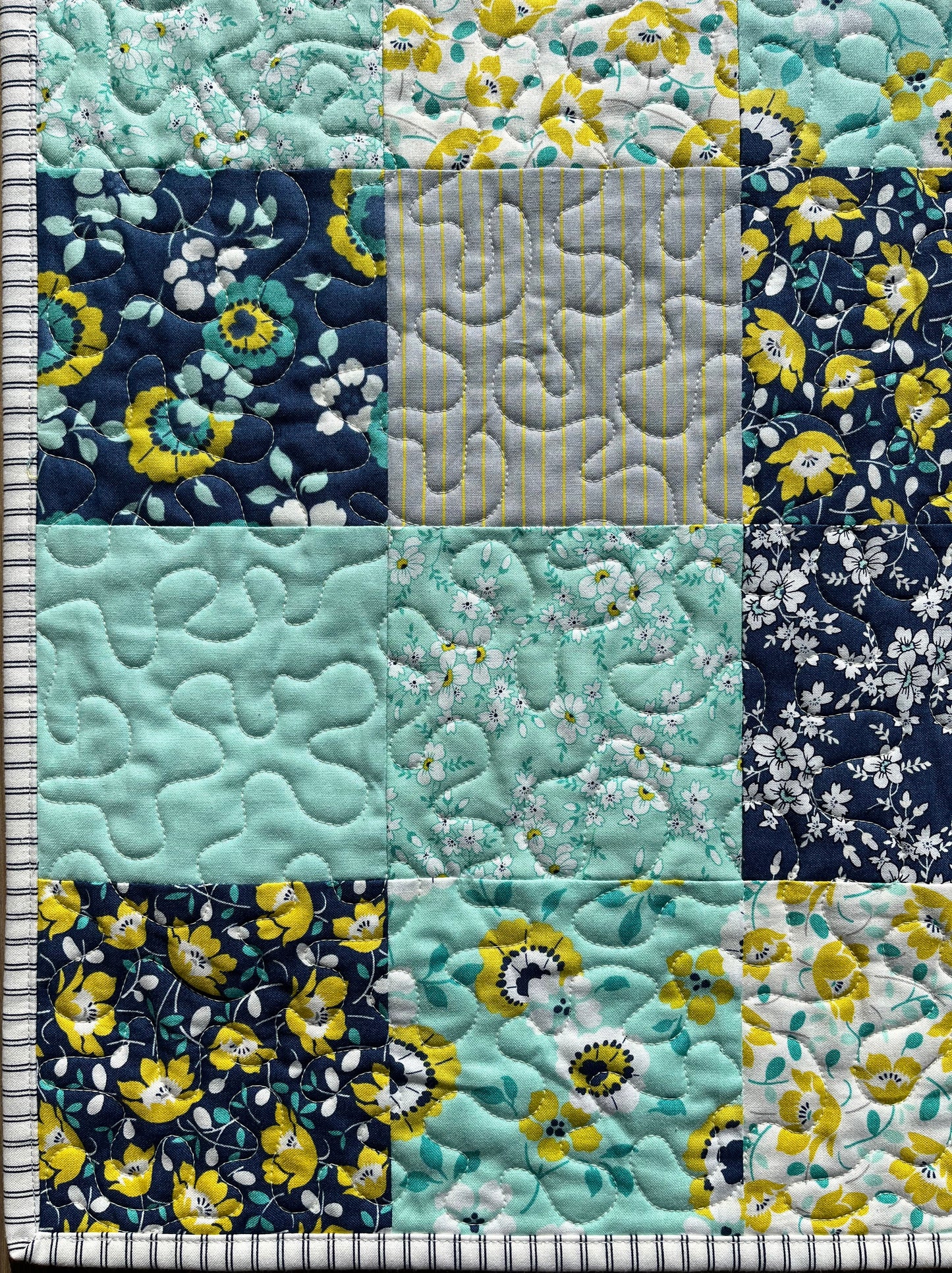 Springtime Handmade Baby Quilt, Patchwork Baby Blanket  (36"x45)  Navy and Aqua Florals - Ready to Ship!