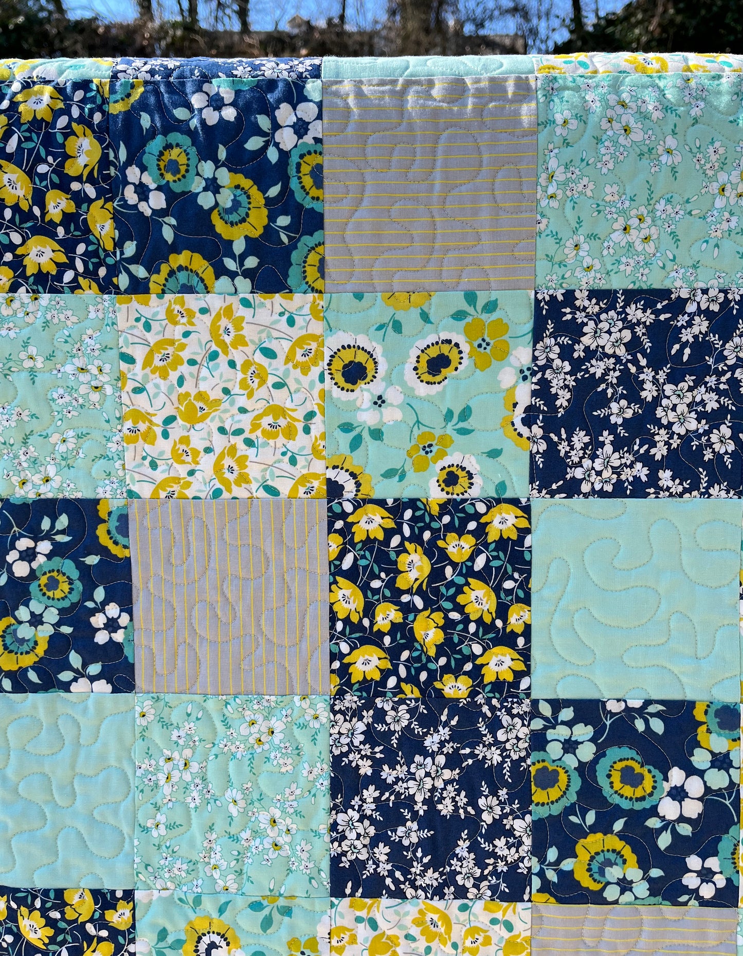 Springtime Handmade Baby Quilt, Patchwork Baby Blanket  (36"x45)  Navy and Aqua Florals - Ready to Ship!