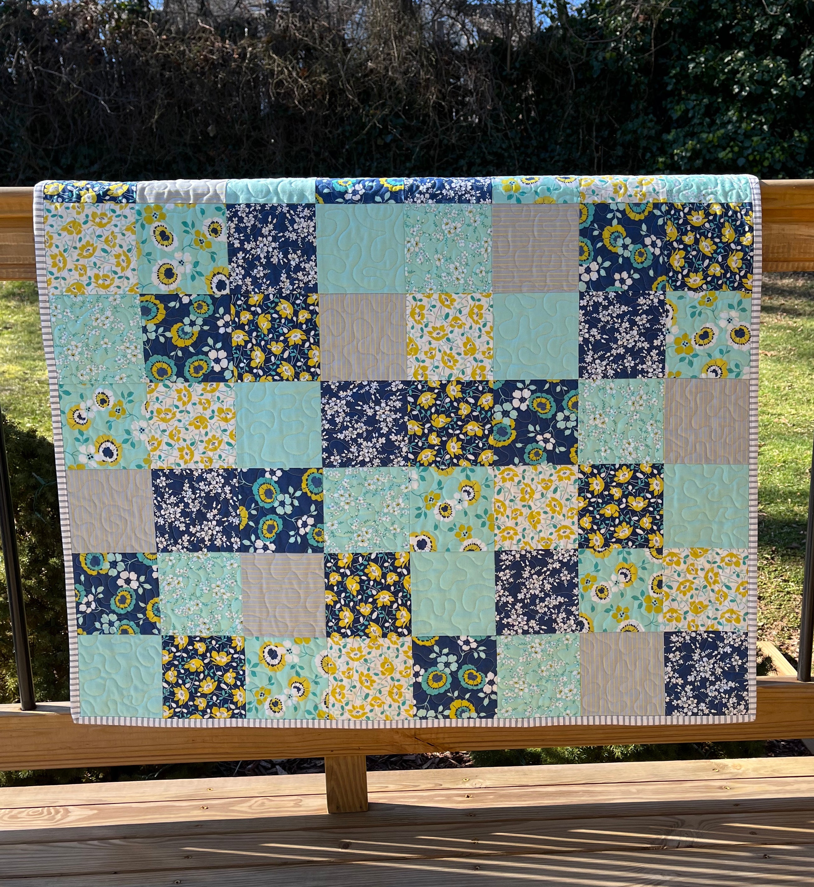 Springtime Handmade Baby Quilt Patchwork Baby Blanket 36 x45 Navy a Wishbone Quilting