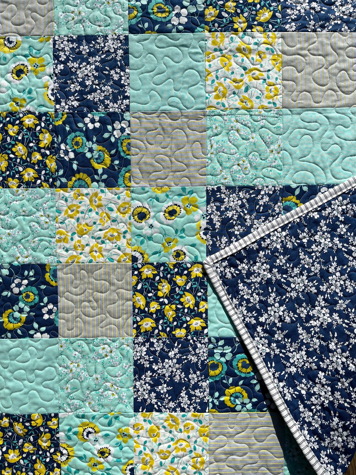 Springtime Handmade Baby Quilt, Patchwork Baby Blanket  (36"x45)  Navy and Aqua Florals - Ready to Ship!