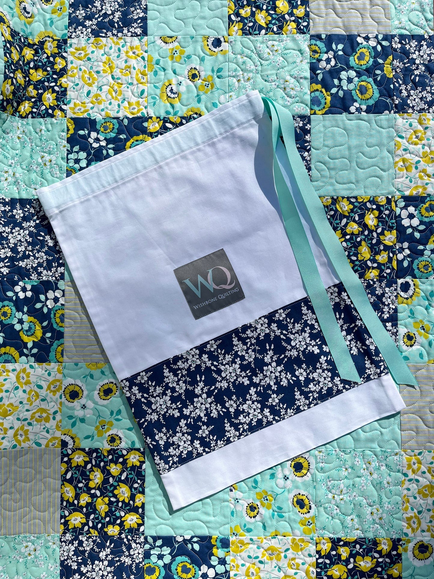 Springtime Handmade Baby Quilt, Patchwork Baby Blanket  (36"x45)  Navy and Aqua Florals - Ready to Ship!