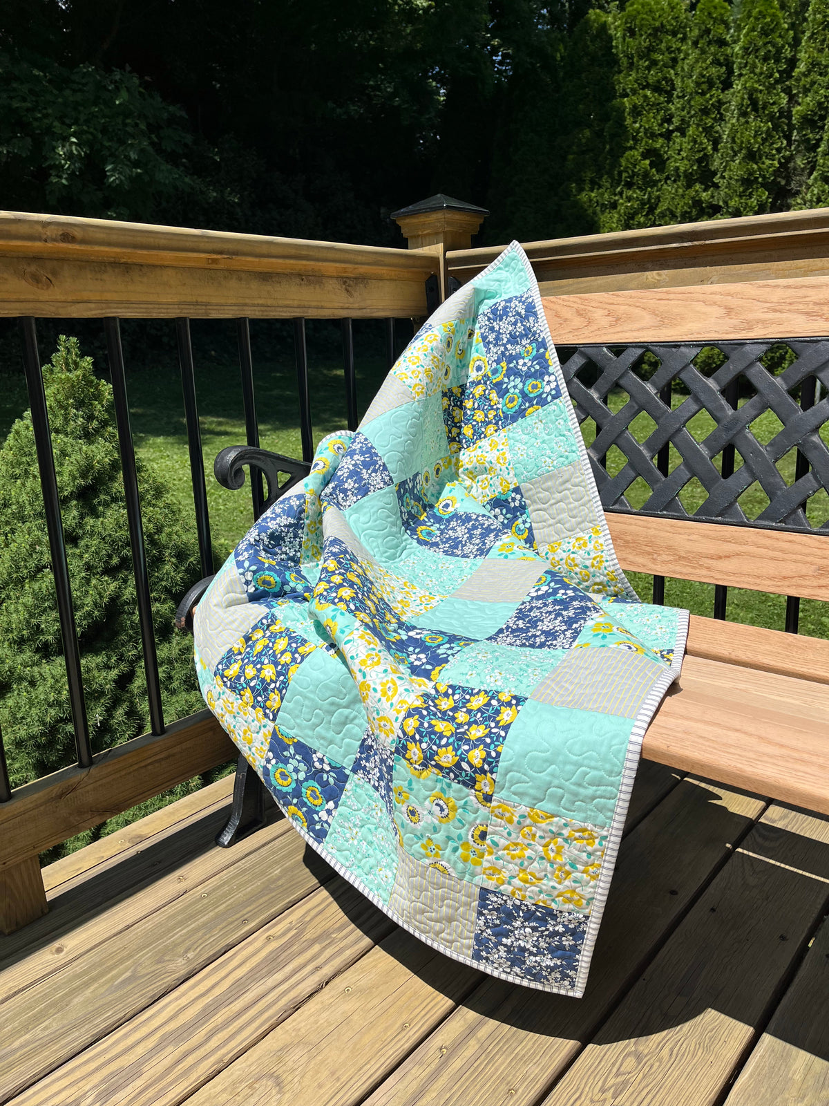 Handmade Baby Girl, Adult Lap Quilt in Navy Aqua Grey White 36"x45"