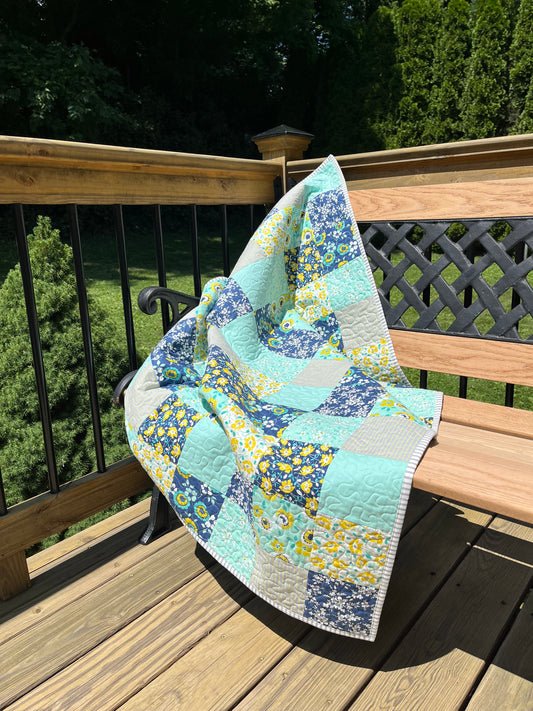 Handmade Baby Girl, Adult Lap Quilt in Navy Aqua Grey White 36"x45"
