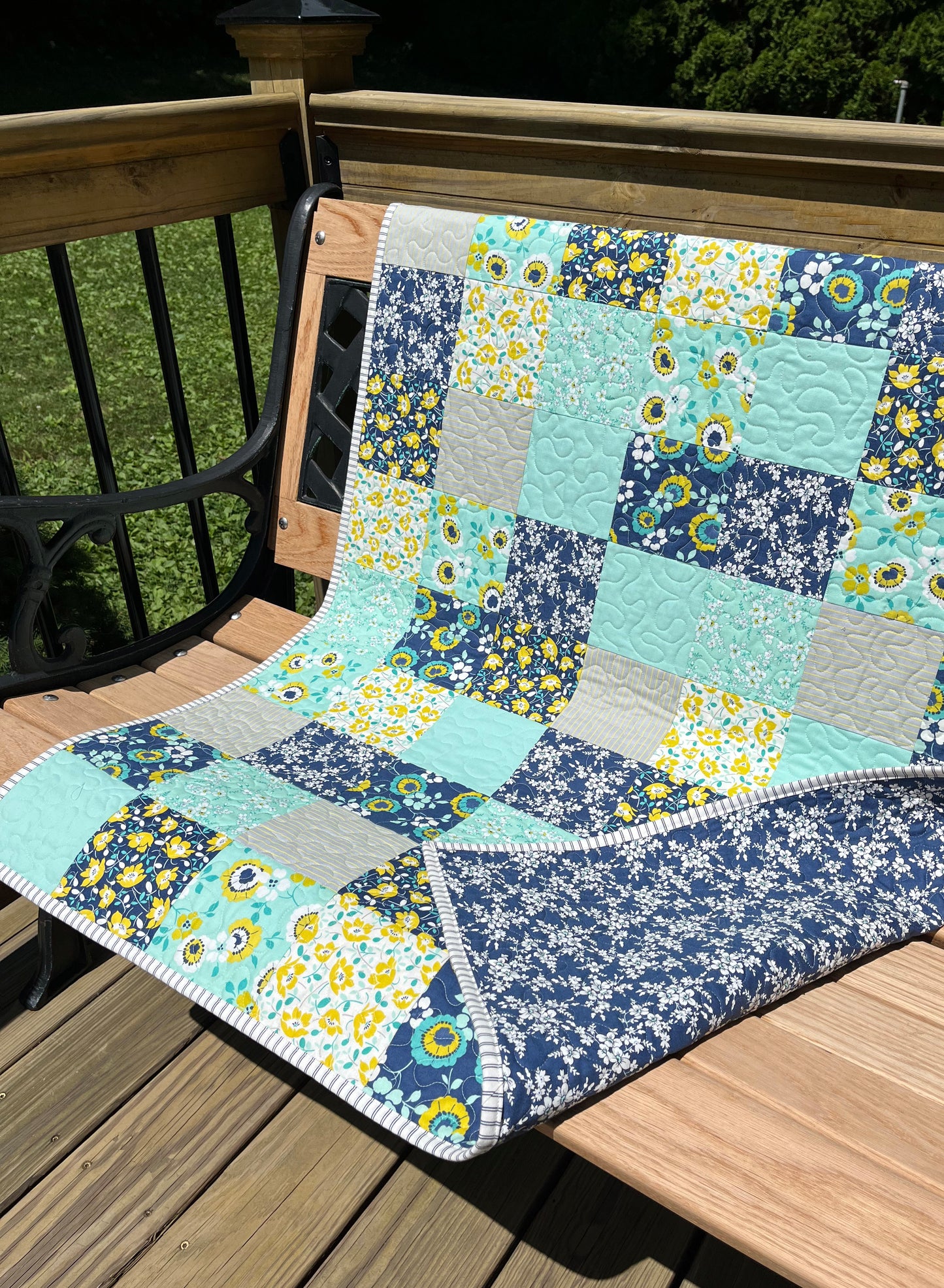 Handmade Baby Girl, Adult Lap Quilt in Navy Aqua Grey White 36"x45"