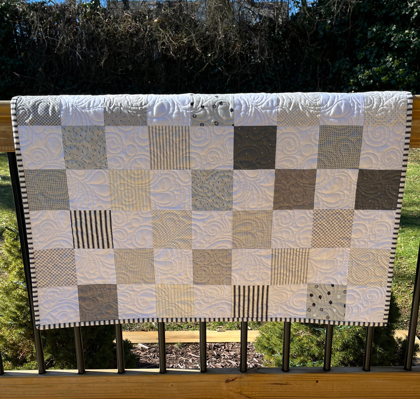 Handmade Baby Quilt Neutral Colors (White Background Puff Ball Backing) Patchwork Baby Blanket, (36"x47.5") Neutral Baby Nursery Decor, Ready to Ship!