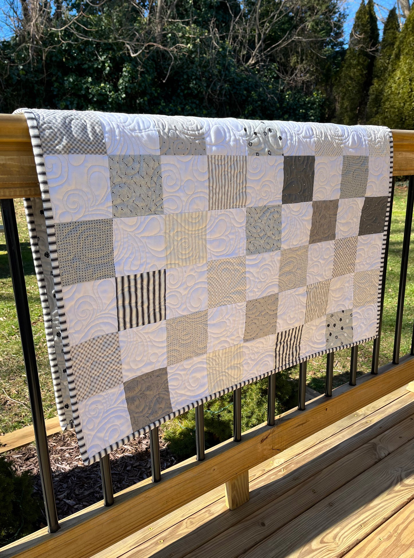 Handmade Baby Quilt Neutral Colors (White Background Puff Ball Backing) Patchwork Baby Blanket, (36"x47.5") Neutral Baby Nursery Decor, Ready to Ship!