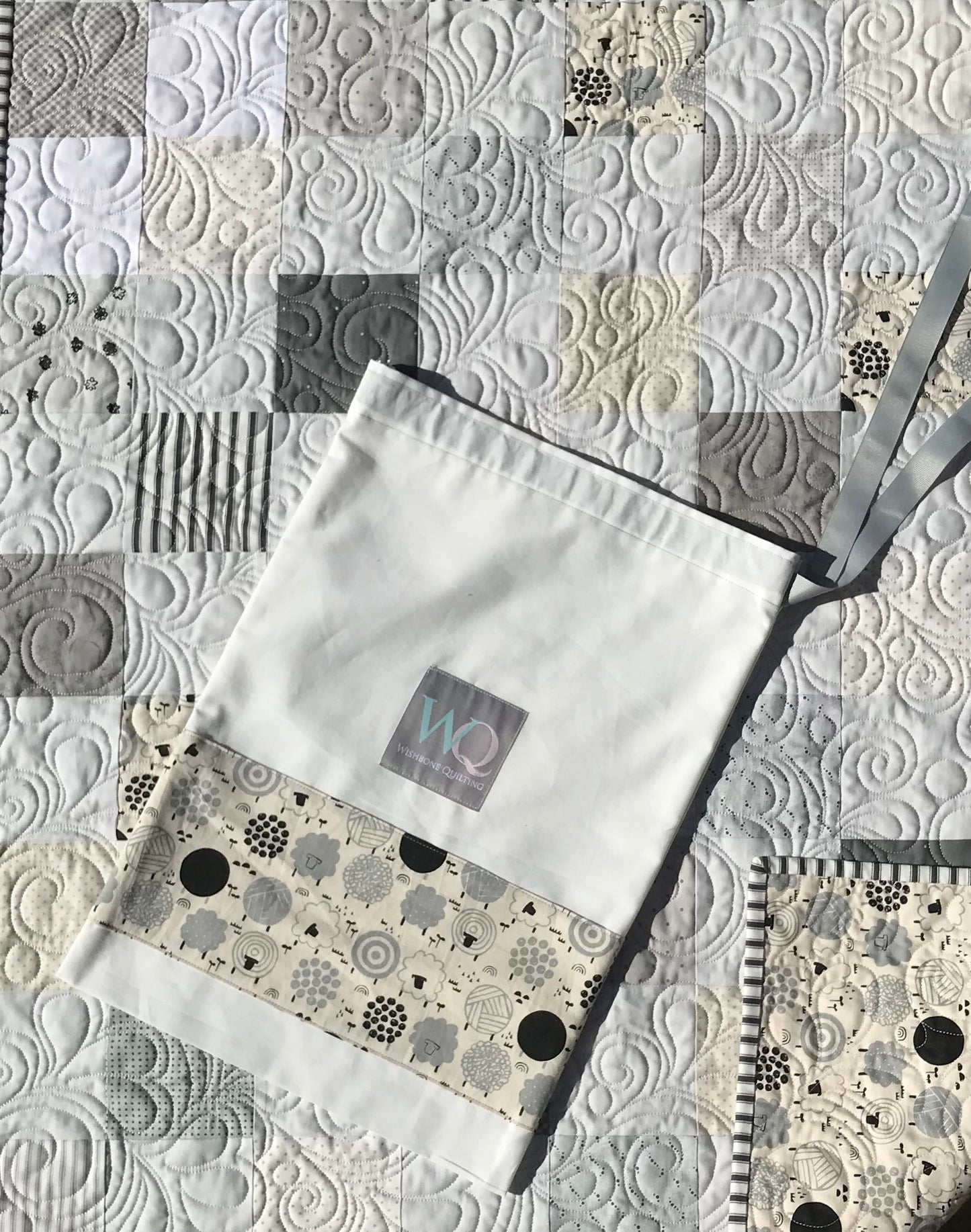 Neutral Colors Handmade Baby Quilt (Sheep Backing-Grey Background) Patchwork Baby Blanket 36"x47.5",  Baby Nursery Decor, Ready to Ship!