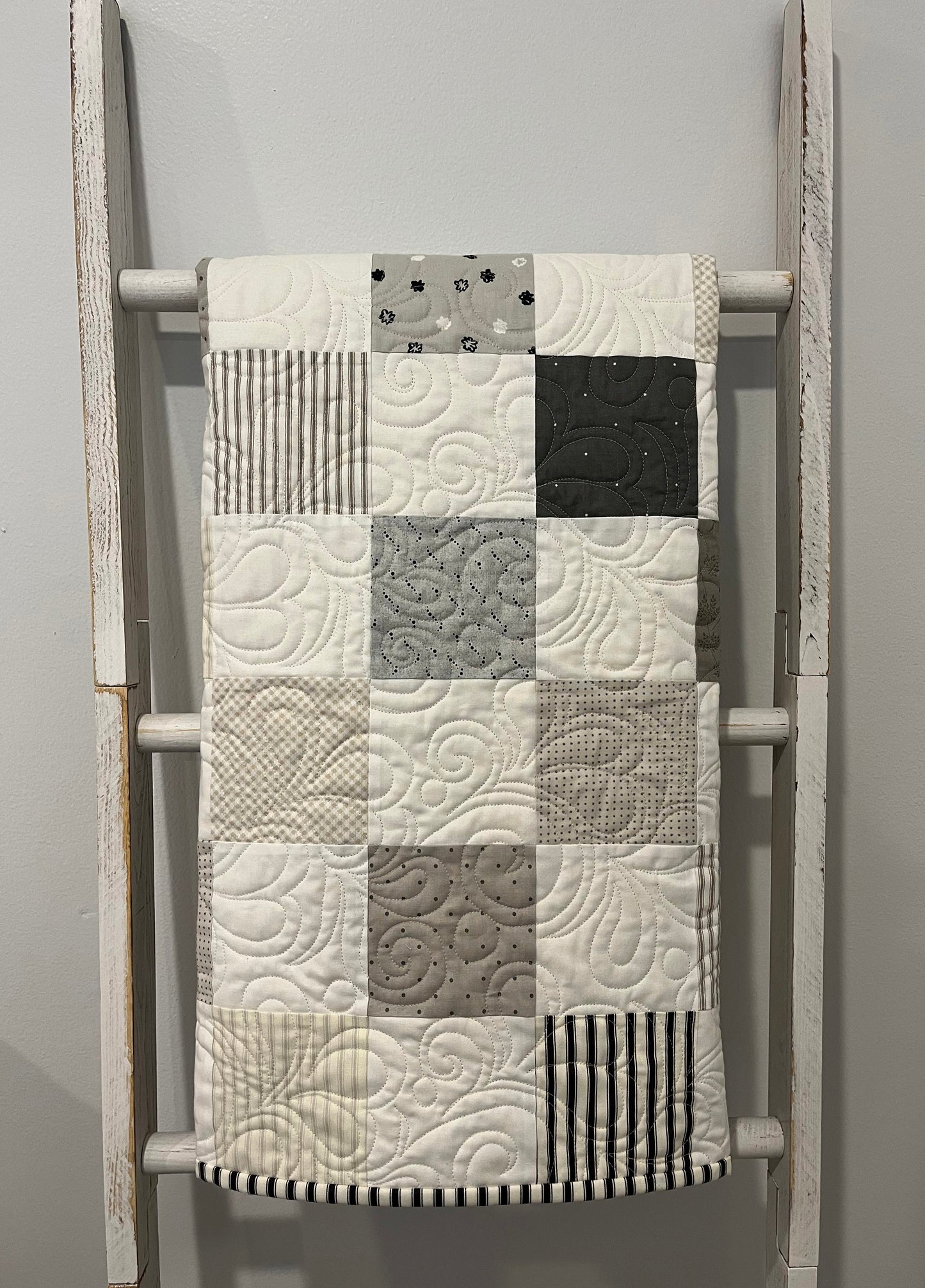 Handmade Baby Quilt Neutral Colors (White Background Puff Ball Backing) Patchwork Baby Blanket, (36"x47.5") Neutral Baby Nursery Decor, Ready to Ship!