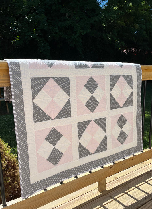 Pink and Grey Baby Girl Quilt, Handmade Heirloom Quality Baby Blanket (38x38) Adult Lap Quilt, FREE MATCHING BAG, Ready to Ship!