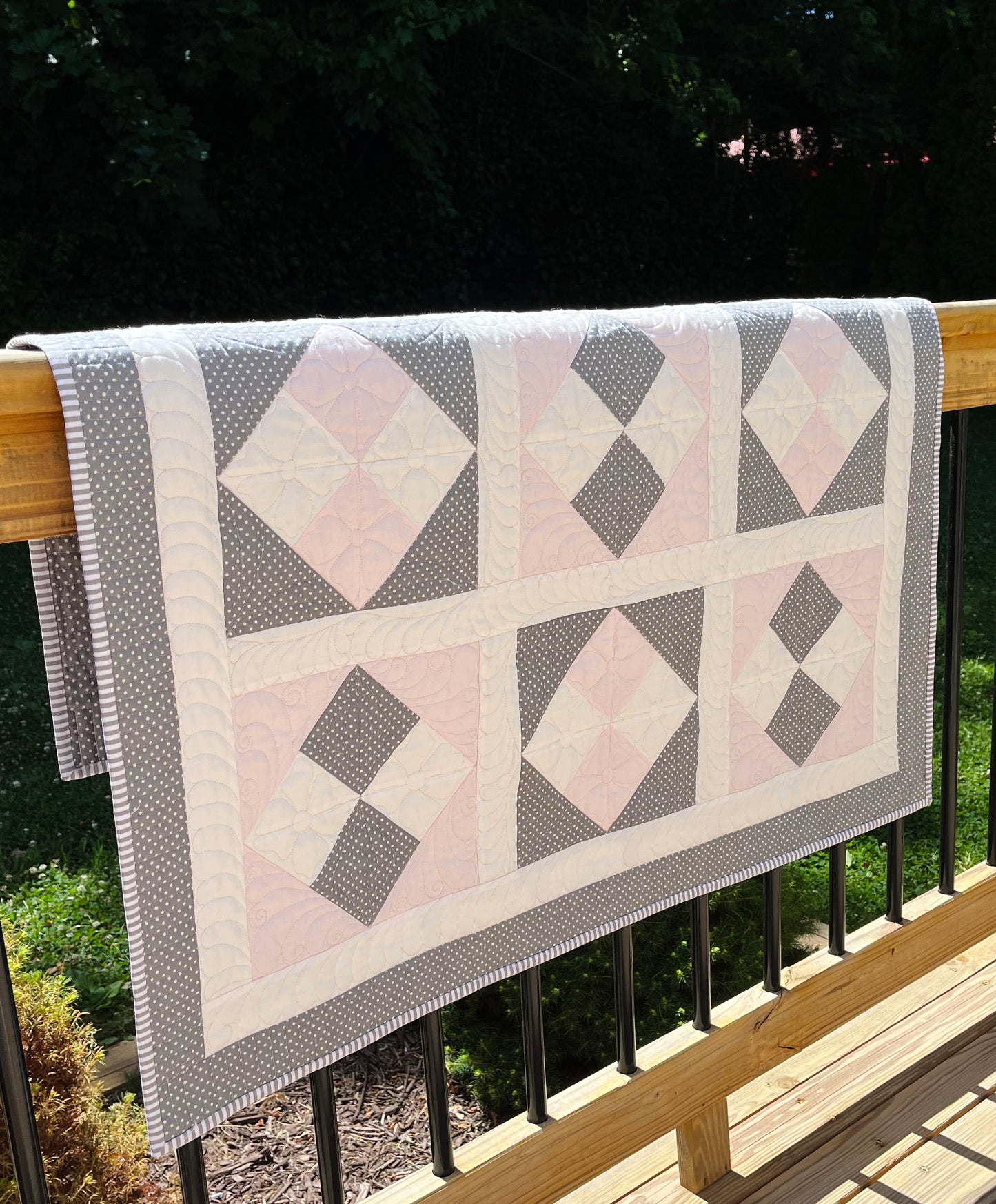 Pink and Grey Baby Girl Quilt, Handmade Heirloom Quality Baby Blanket (38x38) Adult Lap Quilt, FREE MATCHING BAG, Ready to Ship!