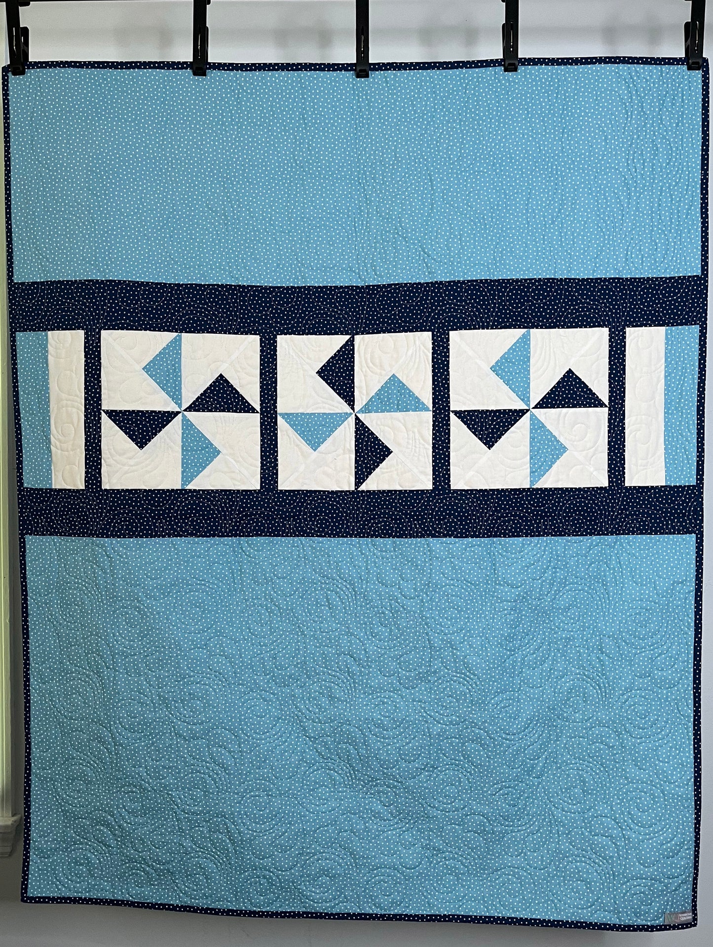 Pinwheels Baby Quilt - Star Fabric - Navy & Harbor Sky - Handmade Baby Blanket (39.5"x48")