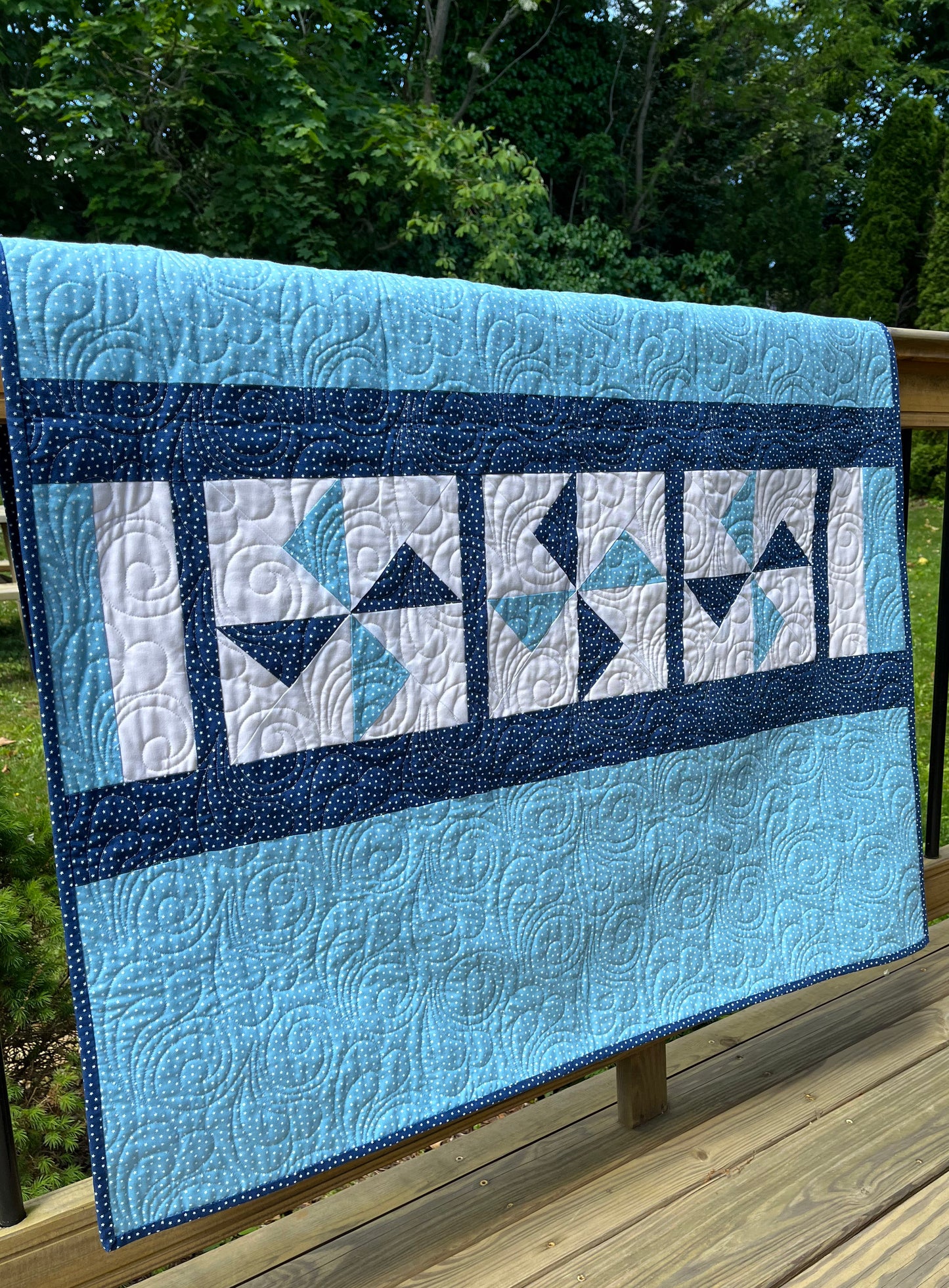 Pinwheels Baby Quilt - Star Fabric - Navy & Harbor Sky - Handmade Baby Blanket (39.5"x48")
