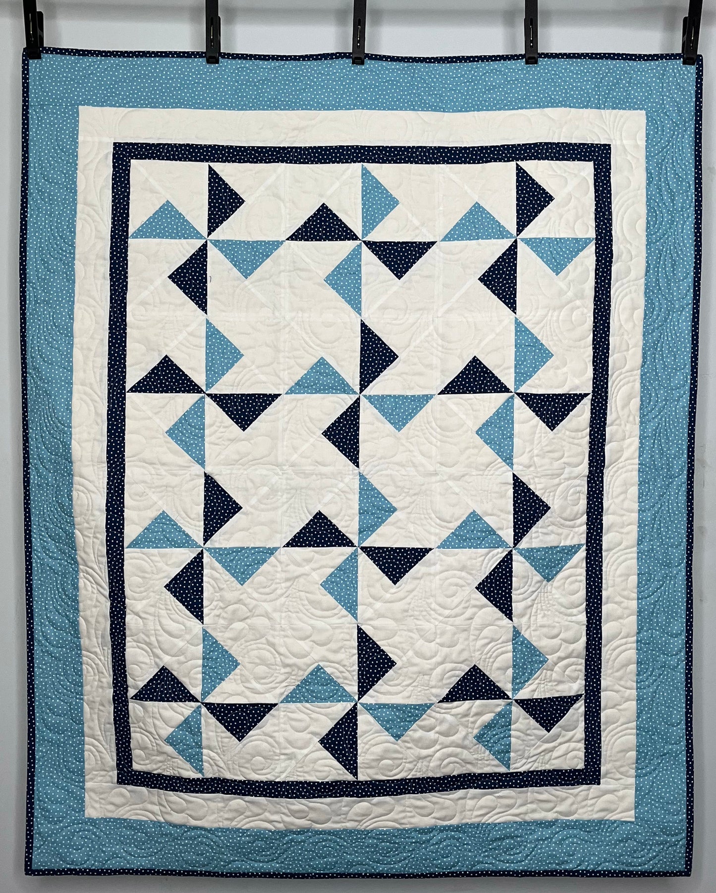 Pinwheels Baby Quilt - Star Fabric - Navy & Harbor Sky - Handmade Baby Blanket (39.5"x48")