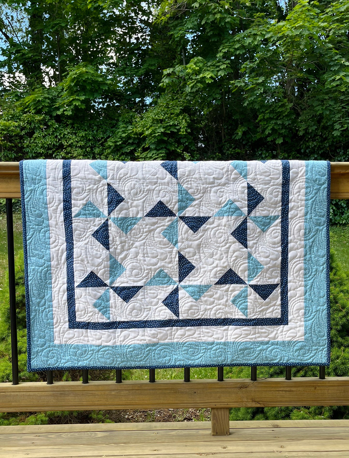 Pinwheels Baby Quilt - Star Fabric - Navy & Harbor Sky - Handmade Baby Blanket (39.5"x48")