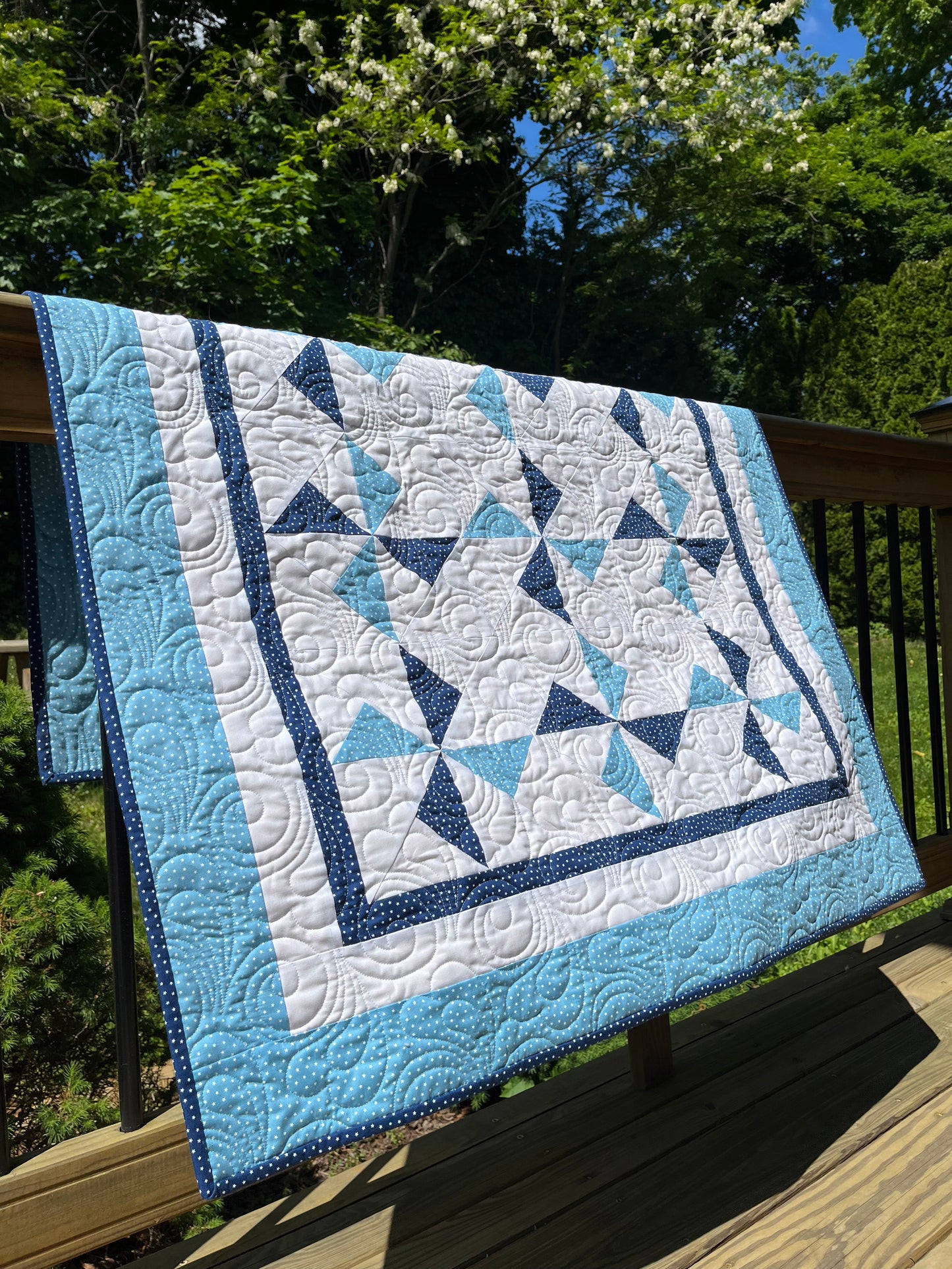 Pinwheels Baby Quilt - Star Fabric - Navy & Harbor Sky - Handmade Baby Blanket (39.5"x48")