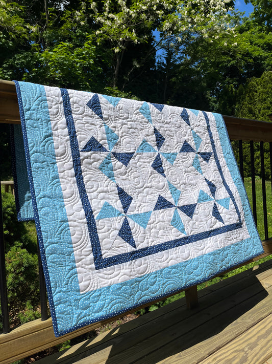 Pinwheels Baby Quilt - Star Fabric - Navy & Harbor Sky - Handmade Baby Blanket (39.5"x48")