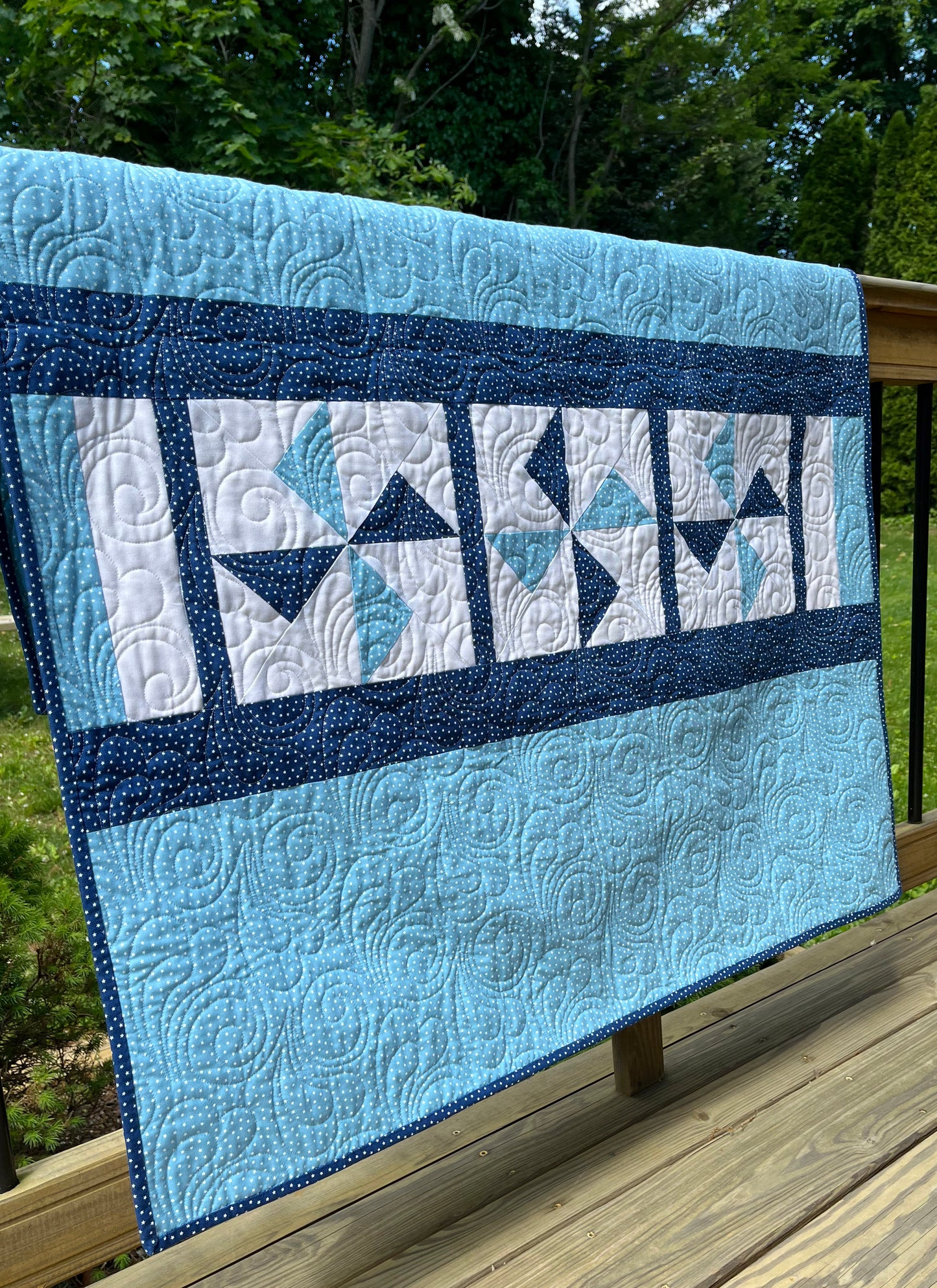 Pinwheels Baby Quilt - Star Fabric - Navy & Harbor Sky - Handmade Baby Blanket (39.5"x48")