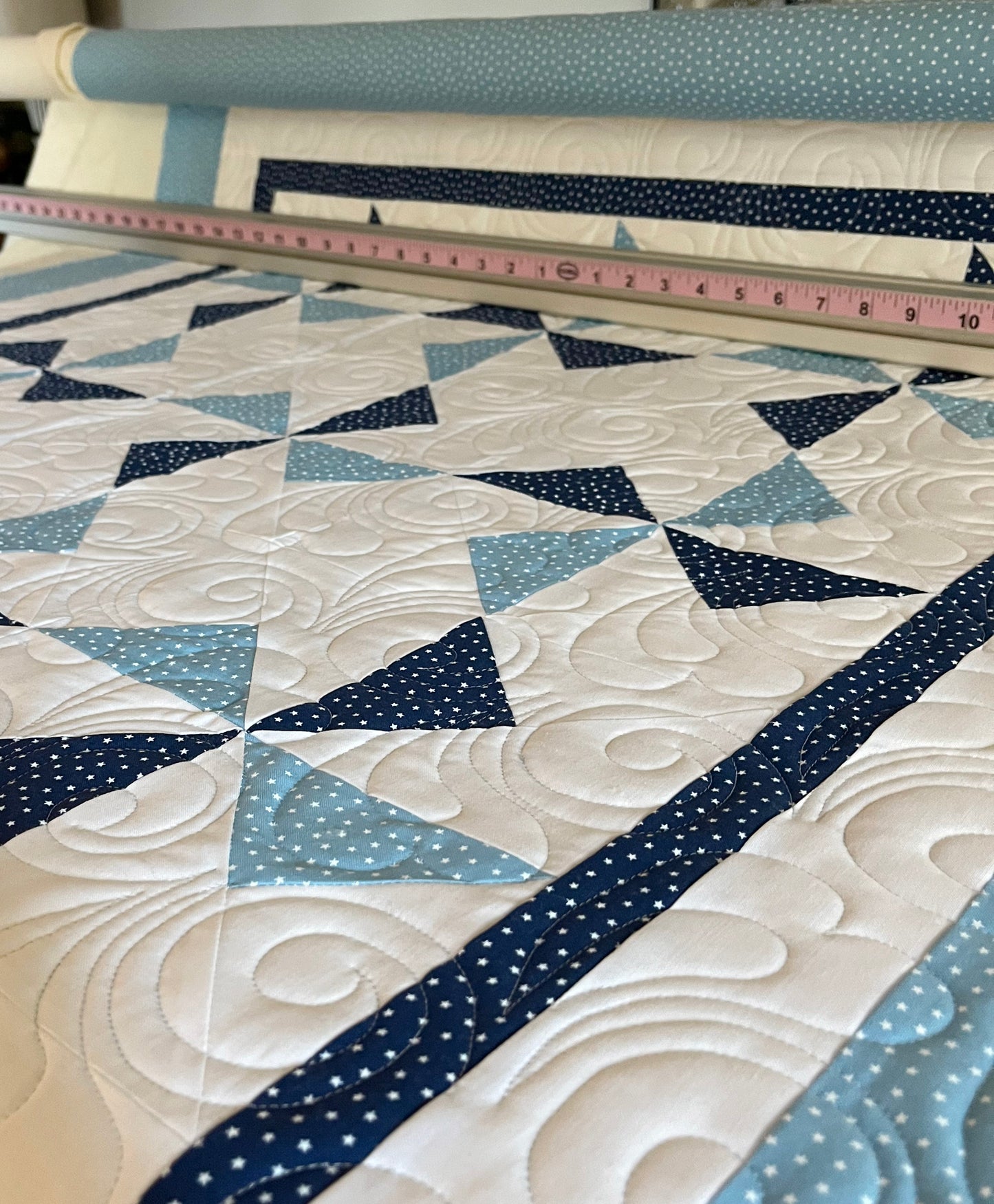 Pinwheels Baby Quilt - Star Fabric - Navy & Harbor Sky - Handmade Baby Blanket (39.5"x48")