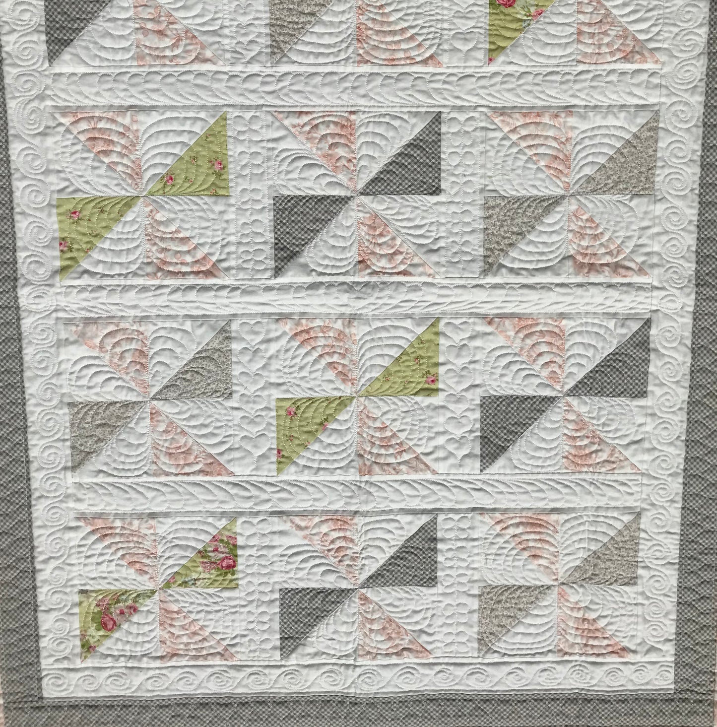 Promenade Pinwheels: Pink & Gray Baby Quilt, Handmade Baby Girl Quilt, Baby Girl Blanket - Custom Quilted - Crib Size - Ready to Ship