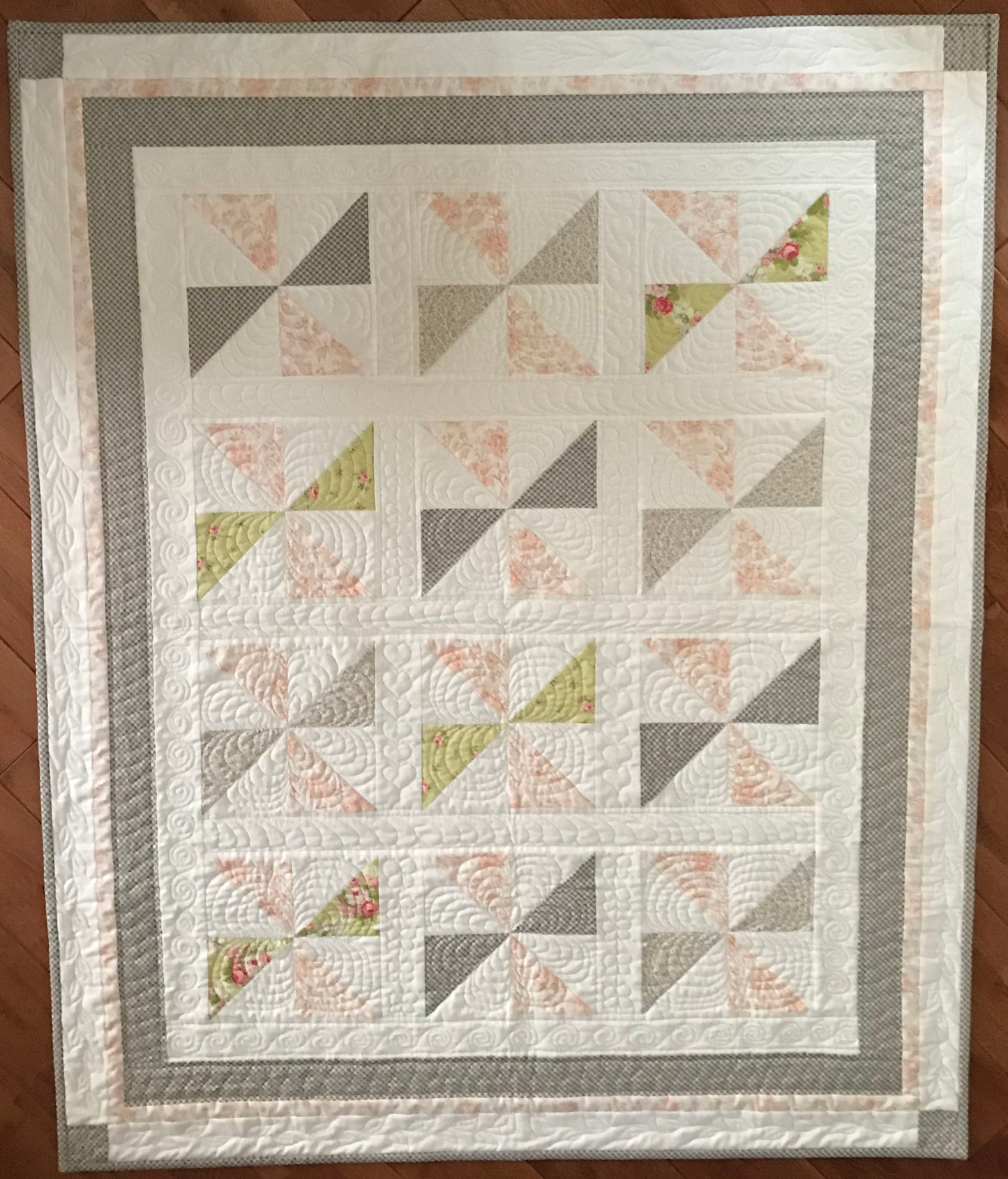 Promenade Pinwheels: Pink & Gray Baby Quilt, Handmade Baby Girl Quilt, Baby Girl Blanket - Custom Quilted - Crib Size - Ready to Ship