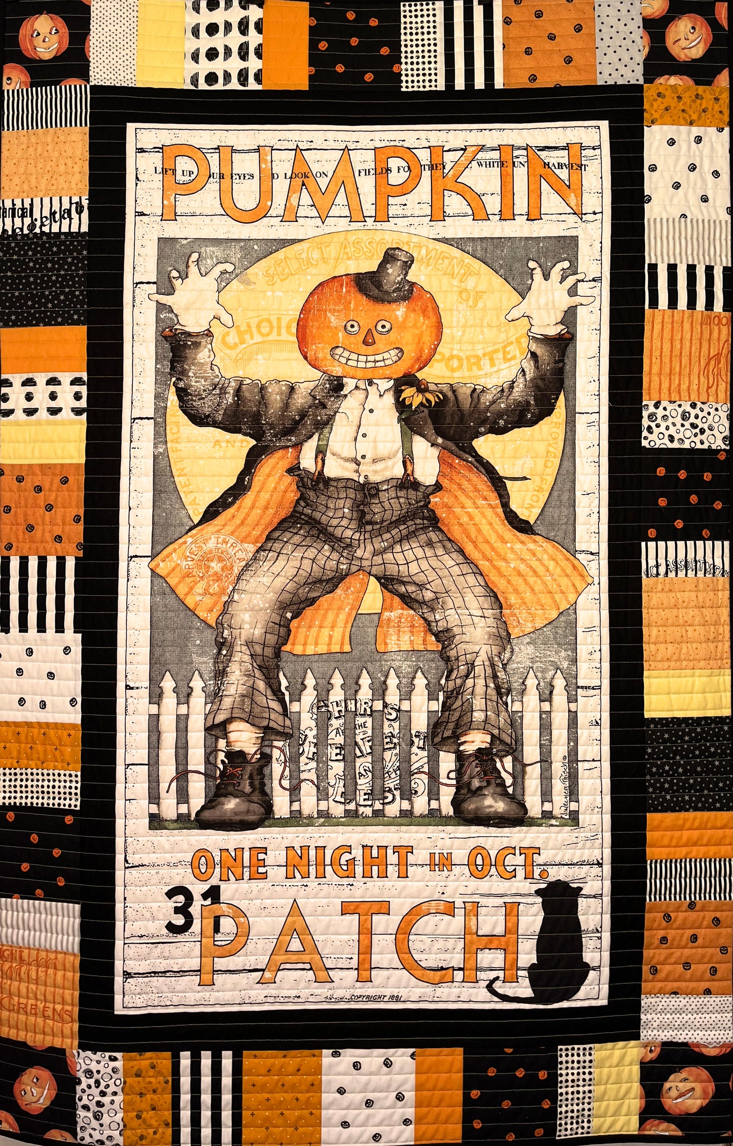 Handmade Halloween Quilt - Pumpkin Patch Jack - Lap Quilt, Table Topper, Wall Hanging (36x55) Ready to Ship!