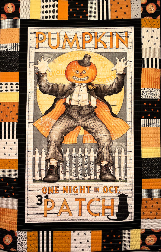 Handmade Halloween Quilt - Pumpkin Patch Jack - Lap Quilt, Table Topper, Wall Hanging (36x55) Ready to Ship!