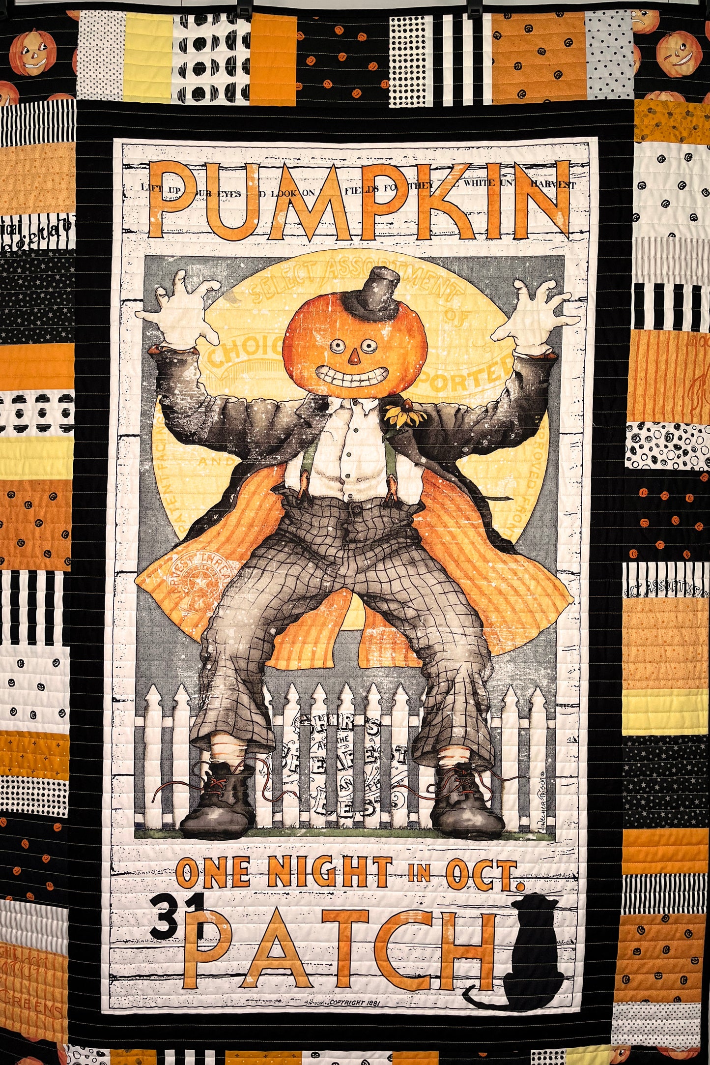 Handmade Halloween Quilt - Pumpkin Patch Jack - Lap Quilt, Table Topper, Wall Hanging (36x55) Ready to Ship!
