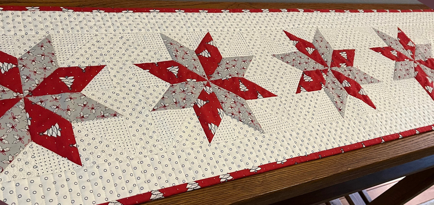 Christmas Handmade Quilted Table Runner - Red, Grey, Christmas Trees, Holly, Custom Quilted - 13.5"x55" - Ready to Ship