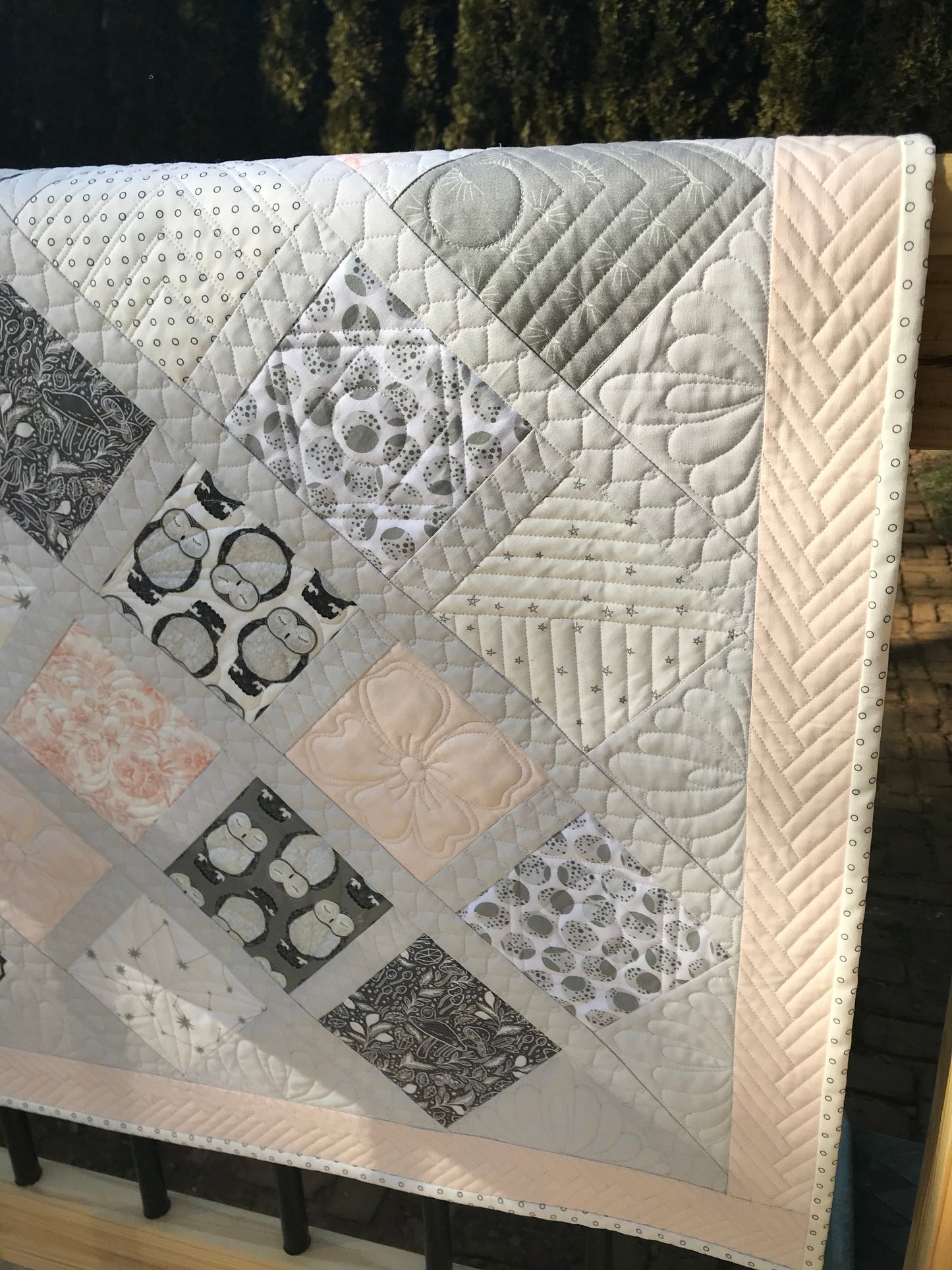 Baby Girl Quilt, Handmade - Pink & Grey Baby Blanket - Custom Quilted One of a Kind - Owls - Heirloom Gift (38x38) Ready to Ship!