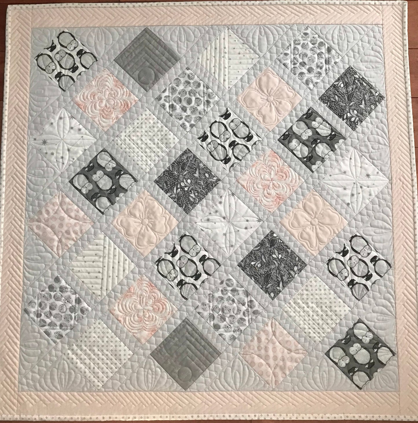 Baby Girl Quilt, Handmade - Pink & Grey Baby Blanket - Custom Quilted One of a Kind - Owls - Heirloom Gift (38x38) Ready to Ship!