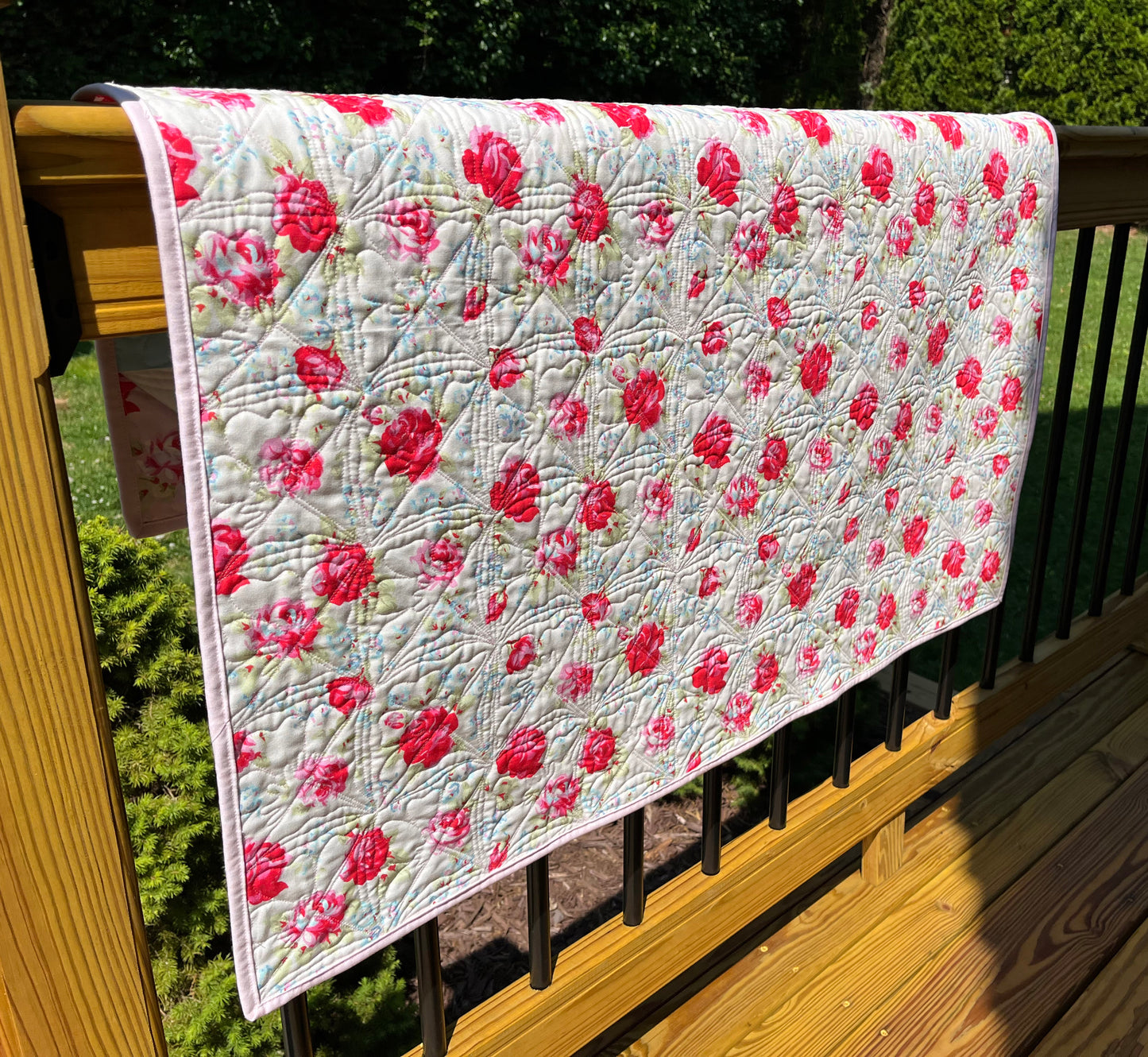 Floral Handmade Baby Girl Quilt, One of a Kind Blanket, Custom Quilted Pinks, Cream, Baby Blue, Florals, Paisley - Ready to Ship