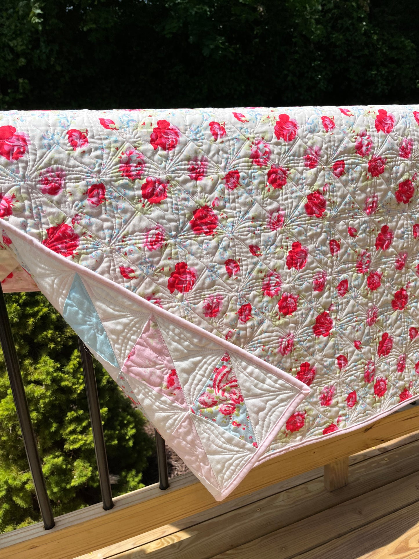 Floral Handmade Baby Girl Quilt, One of a Kind Blanket, Custom Quilted Pinks, Cream, Baby Blue, Florals, Paisley - Ready to Ship