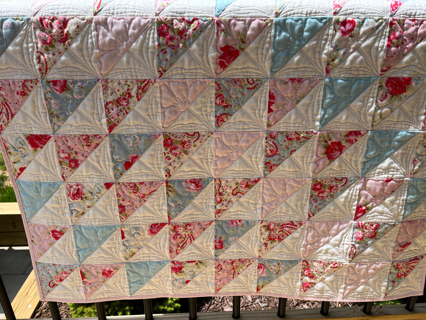 Floral Handmade Baby Girl Quilt, One of a Kind Blanket, Custom Quilted Pinks, Cream, Baby Blue, Florals, Paisley - Ready to Ship