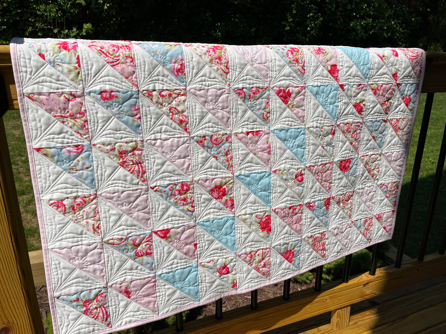 Floral Handmade Baby Girl Quilt, One of a Kind Blanket, Custom Quilted Pinks, Cream, Baby Blue, Florals, Paisley - Ready to Ship