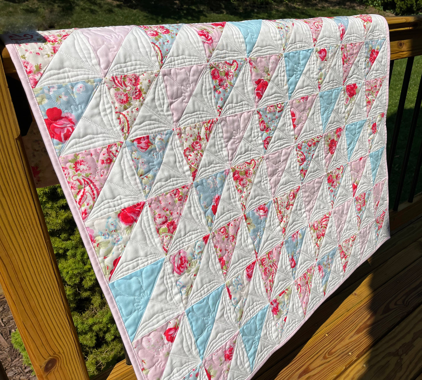 Floral Handmade Baby Girl Quilt, One of a Kind Blanket, Custom Quilted Pinks, Cream, Baby Blue, Florals, Paisley - Ready to Ship