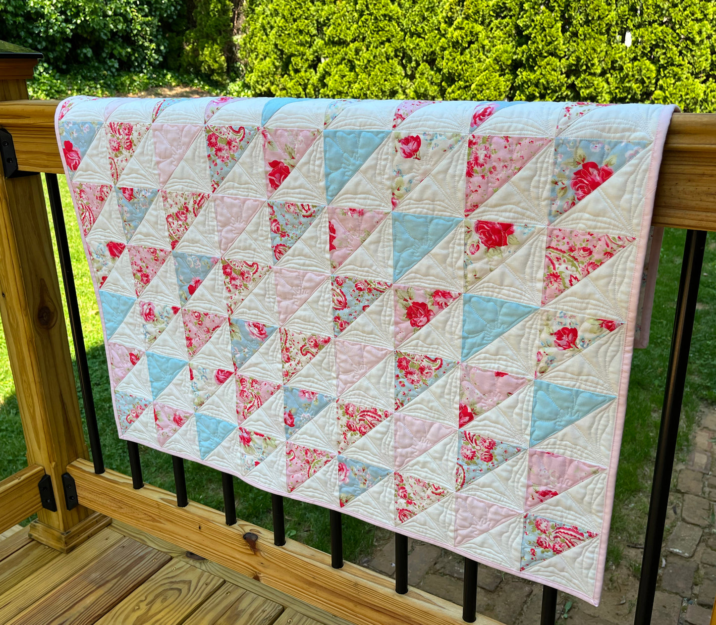 Floral Handmade Baby Girl Quilt, One of a Kind Blanket, Custom Quilted Pinks, Cream, Baby Blue, Florals, Paisley - Ready to Ship