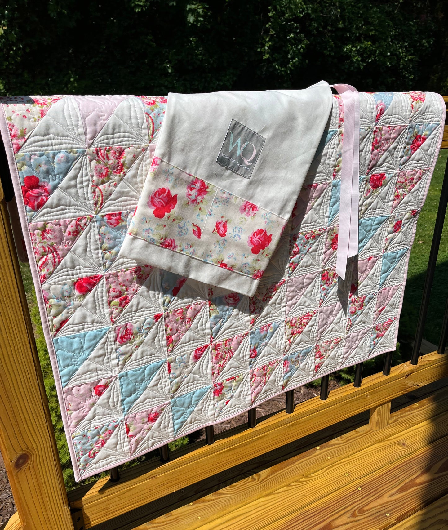 Floral Handmade Baby Girl Quilt, One of a Kind Blanket, Custom Quilted Pinks, Cream, Baby Blue, Florals, Paisley - Ready to Ship