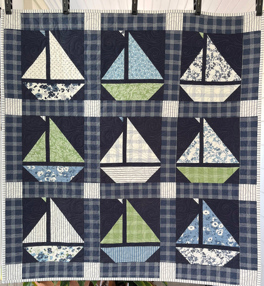 Handmade Sailboat Baby Quilt, Navy Blue Sailboat Baby Blanket (36x38) Moda Nantucket Summer, Nautical Wall Hanging - Ready to Ship!
