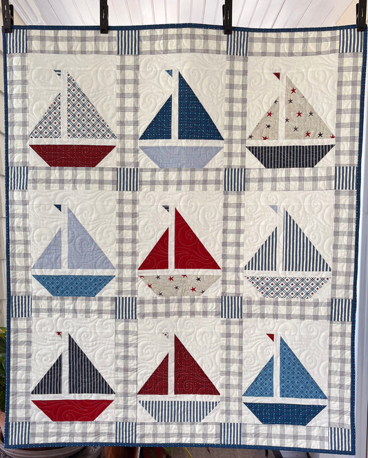 Handmade Baby Boy Sailboat Quilt - Nautical Sailboats Red, White & Blue Baby Blanket, Wall Hanging, Table Topper (36x42.5) Ready to Ship!