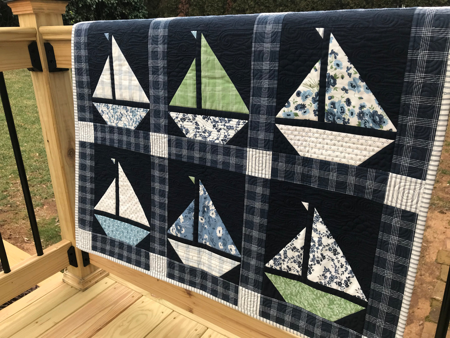 Custom Navy "Sail On" Sailboat Quilt - Made to Order