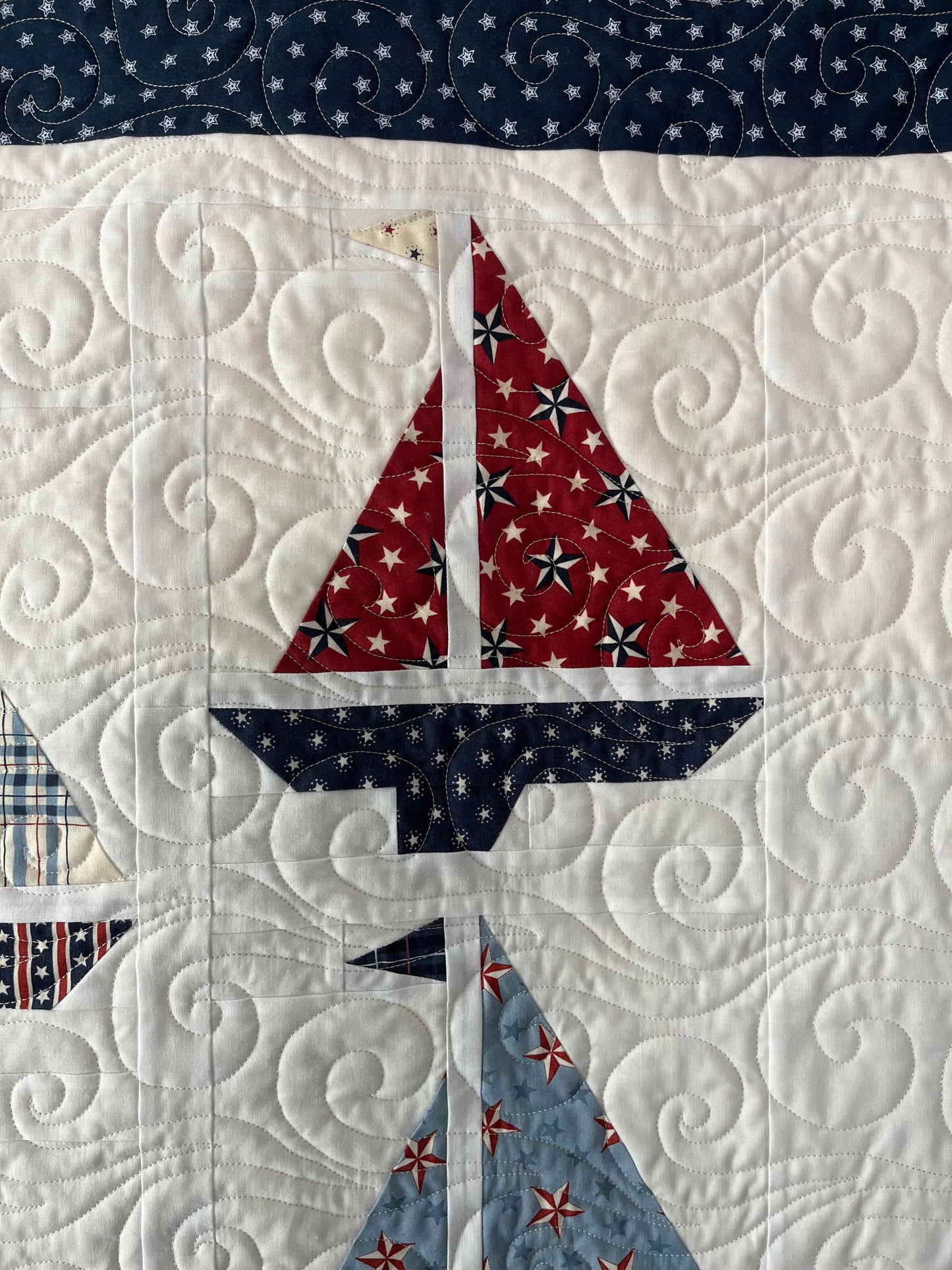 Handmade Baby Boy Sailboat Quilt - Heirloom Quilt, Nautical Home Decor 42"x52"