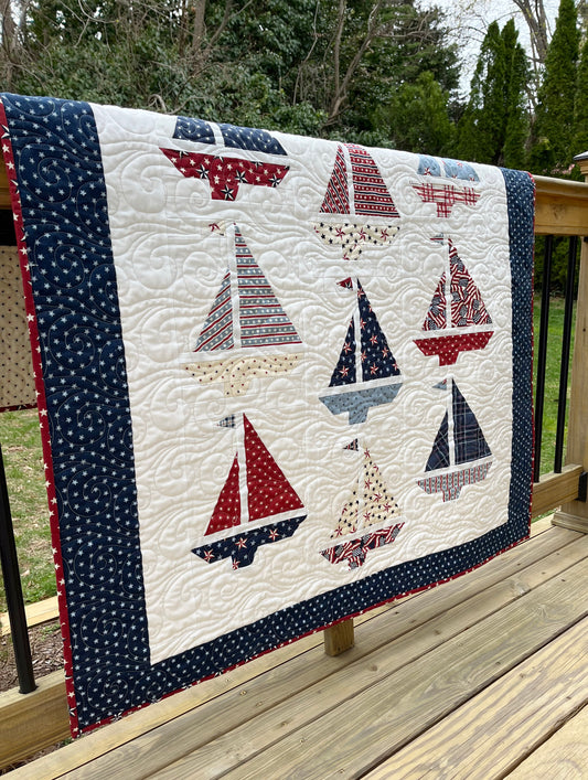 Handmade Baby Boy Sailboat Quilt - Heirloom Quilt, Nautical Home Decor 42"x52"
